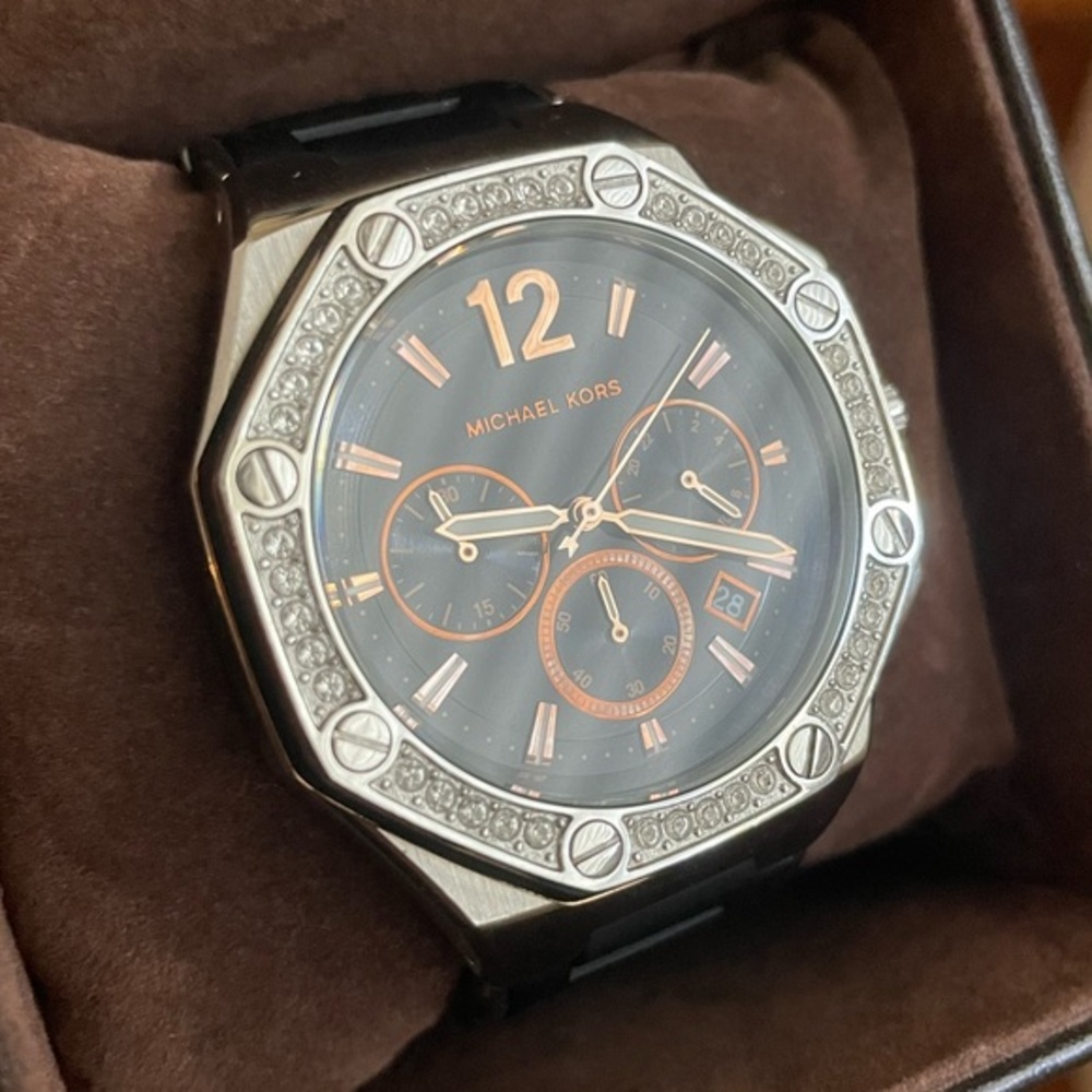 Ladies Michael Kors Watch Black Crystals Bronze Copper Silver Authentic